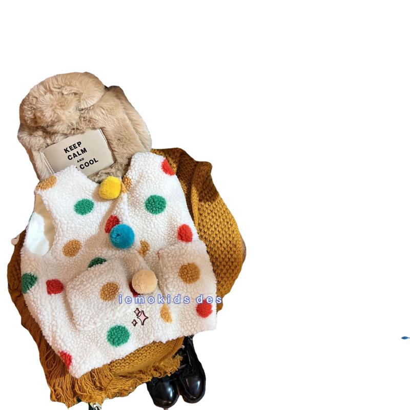 子供服 ベスト 女の子 キッズ カラフル ドット柄 フリース 前開き かわいい 暖かい 防寒 秋冬 ベージュ..