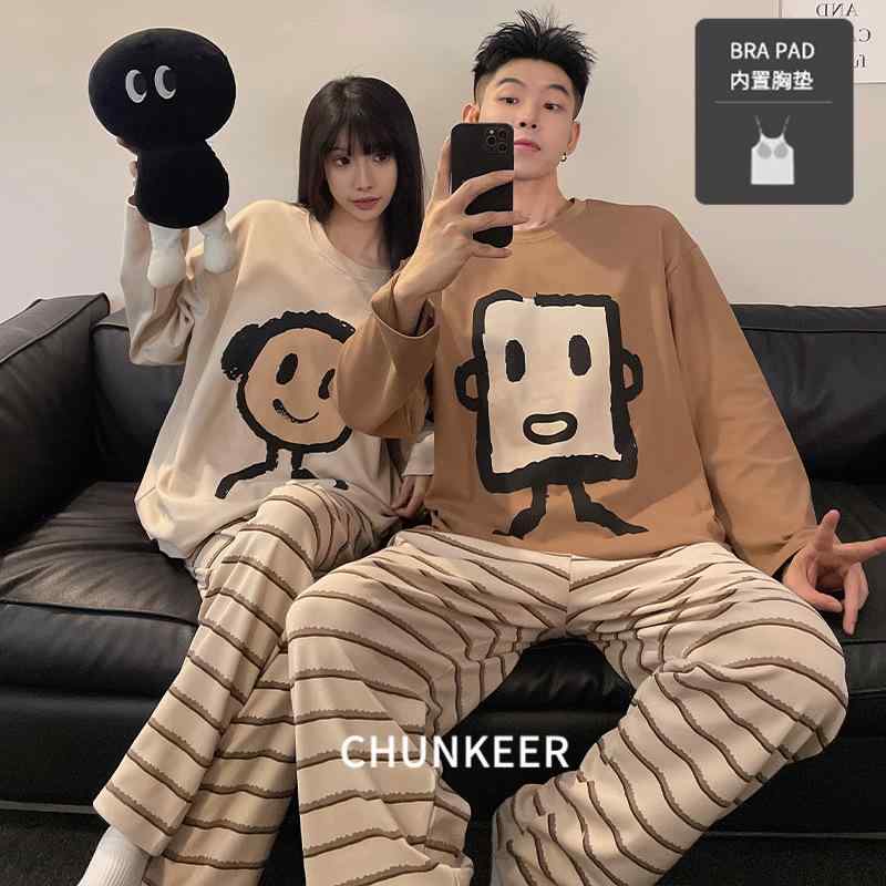 パジャマ 秋冬 カップル レディース ブラパッド付き 長袖 長ズボン カジュアル プルオーバー ルームウ..
