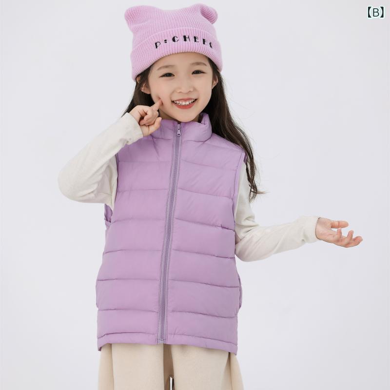 子供服 ベスト 秋冬 男女兼用 薄手 中綿入り あったか インナー アウター ナイロン 無地 黒 紫 緑 白 黄色 青 ピンク