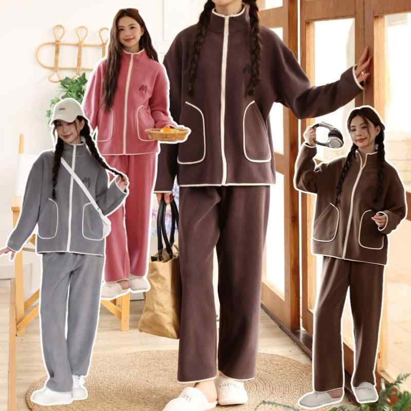 ルームウェア レディース 冬用 パジャマ 上下セット フリース 厚手 暖かい ジップアップ カーディガン ゆったり かわいい 部屋着 寝巻き 寝間着 ポリエステル 伸縮性 リラックス シンプル カジュアル 秋冬(4.0)