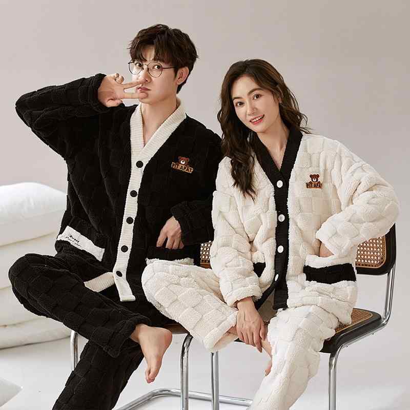 パジャマ レディース メンズ 秋冬 珊瑚フリース 厚手 カーディガン 長袖 ルームウェア 上下セット 部屋着 あったか 暖か 保温 寝巻き 寝間着 Vネック ゆったり かわいい(4.0)