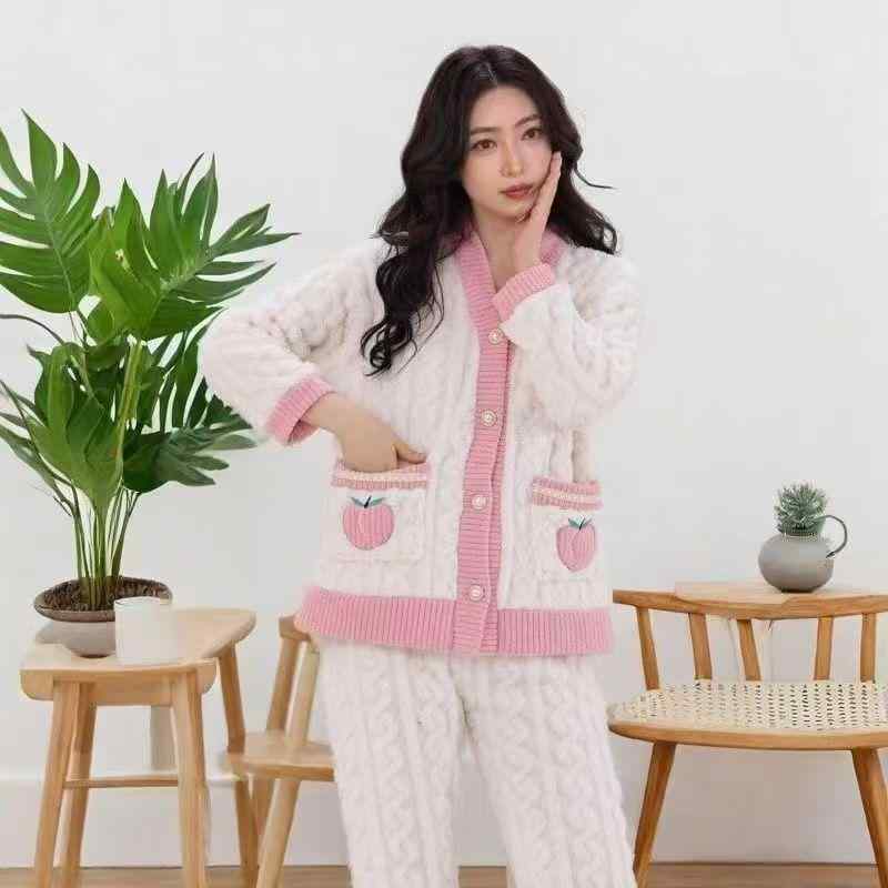 パジャマ レディース 春秋冬 珊瑚绒 水蜜桃 2点セット 桃柄 フランネル あったか 部屋着 Vネック 長袖 長ズボン ピンク系 M L XL 2XL かわいい 快適 暖か