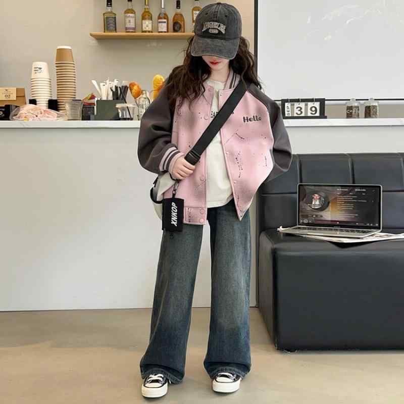 キッズ アウター 春秋 子供用 野球 服 秋物 女の子 向け ゆったり ジャケット 配色 長袖 ショート丈 綿