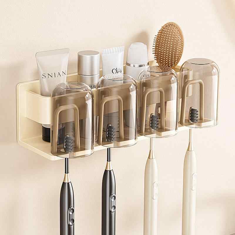 歯ブラシスタンド 壁掛け 洗面所 収納 歯ブラシホルダー アルミ合金 2人用 3人用 4人用 クリーム色 ホ..