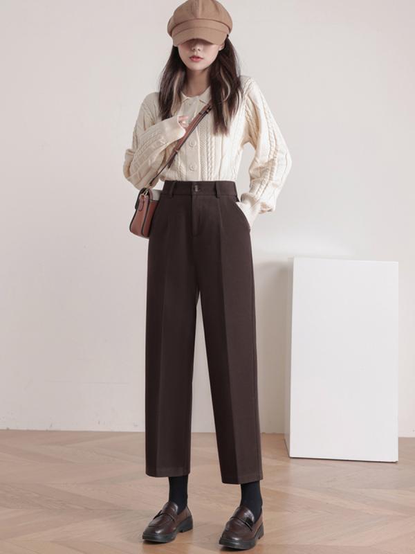 パンツ レディース 秋冬 九分丈 直筒パンツ 小柄 厚手 美脚 スラックス 高腰 ゆったり ズボン カジュアルパンツ 毛織地 伸縮性 ポケット付き ブラック ブラウン系