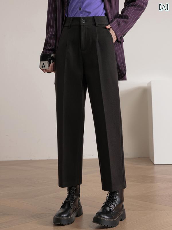 パンツ レディース 秋冬 九分丈 直筒パンツ 小柄 厚手 美脚 スラックス 高腰 ゆったり ズボン カジュアルパンツ 毛織地 伸縮性 ポケット付き ブラック ブラウン系