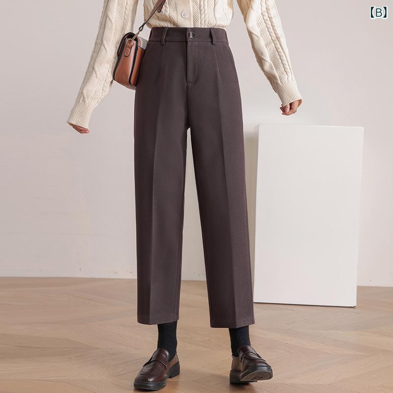 パンツ レディース 秋冬 九分丈 直筒パンツ 小柄 厚手 美脚 スラックス 高腰 ゆったり ズボン カジュアルパンツ 毛織地 伸縮性 ポケット付き ブラック ブラウン系