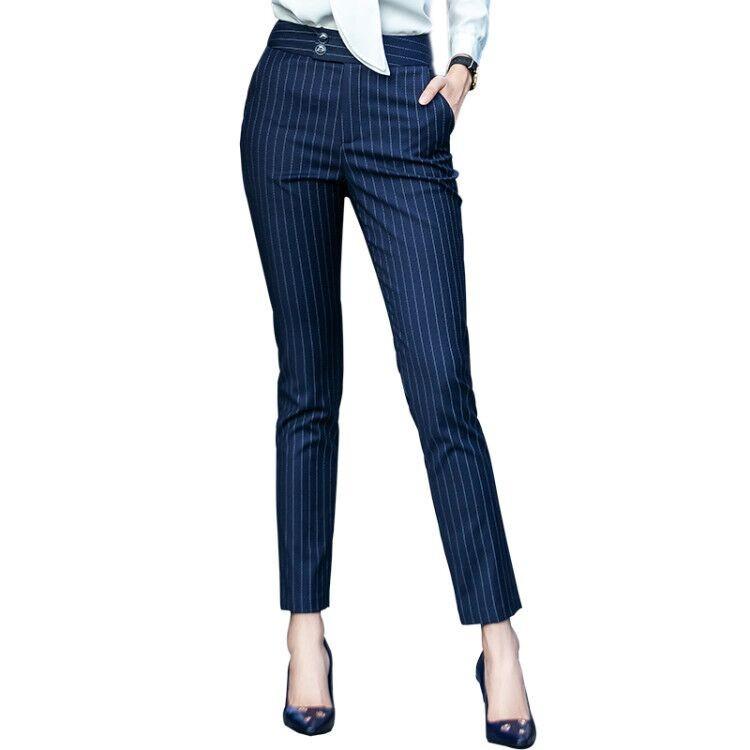 パンツ レディース 事務服 ワークパンツ 紺色 ストライプ柄 スラックス レギュラー丈 ポリエステル 仕事着 通勤 オフィス きれいめ 美脚