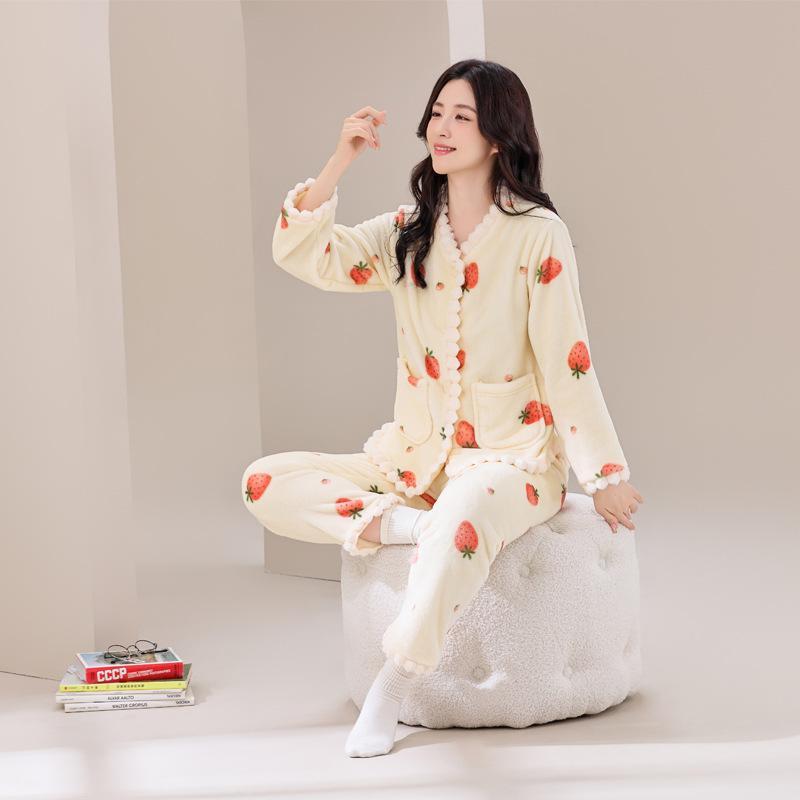 パジャマ レディース 秋冬用 フランネル 上下セット 部屋着 Vネック 長袖 長ズボン あったか 厚手 保温..