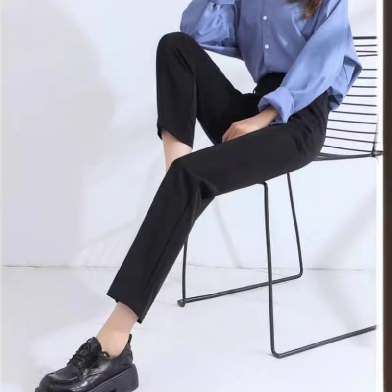 パンツ レディース 秋冬 ストレートパンツ テーパードパンツ スラックス オフィス カジュアル きれいめ 薄手 ポリエステル ブラック 9分丈 ハイウエスト ゴムウエスト 普段使い 通勤