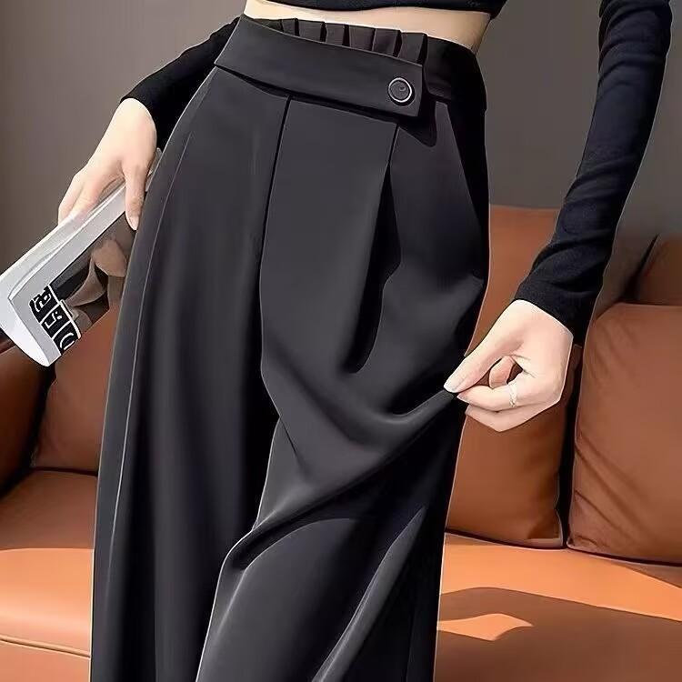 パンツ レディース 春秋 高見え ワイドレッグパンツ ポリエステル 高身長 小柄 ブラック カーキ色 ウエストゴム ゆったり ストレート ..