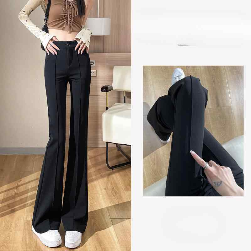 パンツ レディース 黒 春秋 ハイウエスト 美脚 小柄 向け ベルボトム スラックス アクリル スパンデックス 混紡 伸縮性 トールサイズ オフィス カジュアル