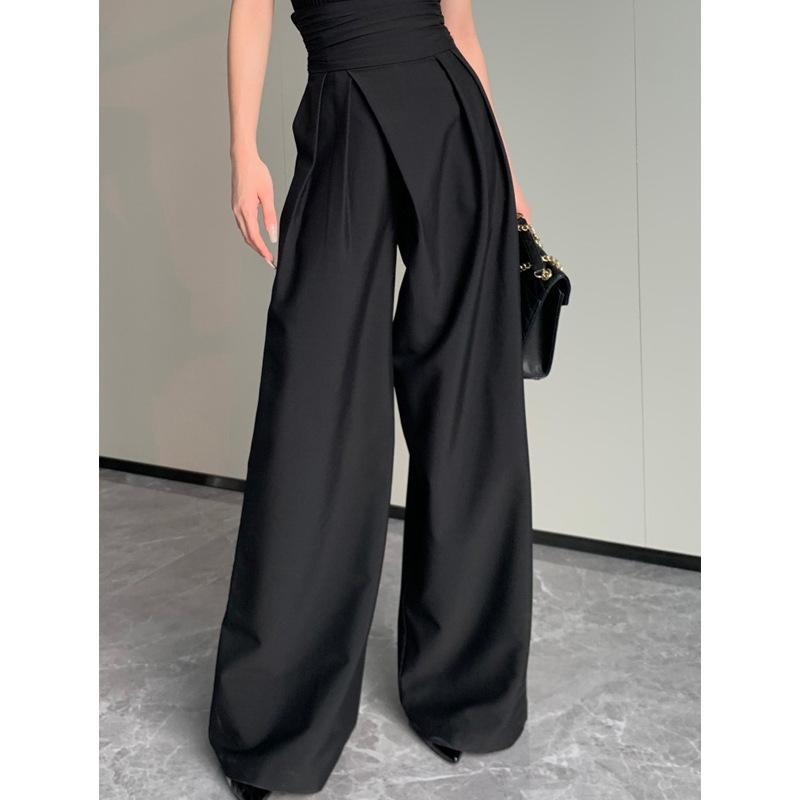 パンツ レディース 高見え ワイドレッグパンツ ゆったり ブラック ポリエステル ウエストゴム イージーパンツ スラックス オフィス カジュアル きれいめ 春夏