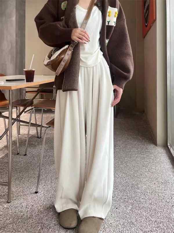 パンツ レディース テーパードパンツ ワイドパンツ ゆったり ポリエステル 伸縮性 厚手 ポケット付き 春秋冬 ホワイト ブラック ブラウ..