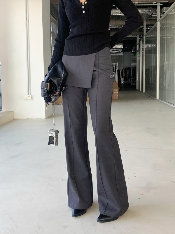 パンツ レディース デザイン 巻きスカート風 重ね着風 マイクロフレア 美脚 スタイルアップ カジュアルパンツ 韓国風 ポリエステル 綿 炭黒 ブラック