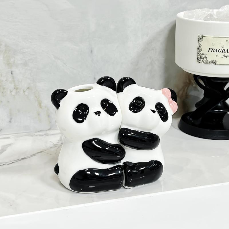 歯ブラシスタンド かわいい パンダ カップル 陶器 歯ブラシホルダー 洗面所 収納