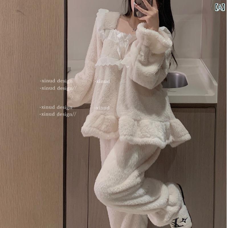 パジャマ レディース 秋冬 長袖 フランネル プリンセス風 ルームウェア 上下セット 暖かい 厚手 ゆったり 部屋着 寝巻き かわいい ふわふわ ポリエステル