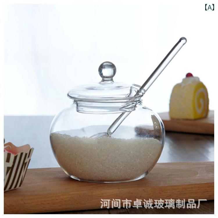 調味料入れ ガラス製 スプーン付き 蓋付き 透明 砂糖 蜂蜜 ティーキャニスター 粉ミルク容器 キッチン..