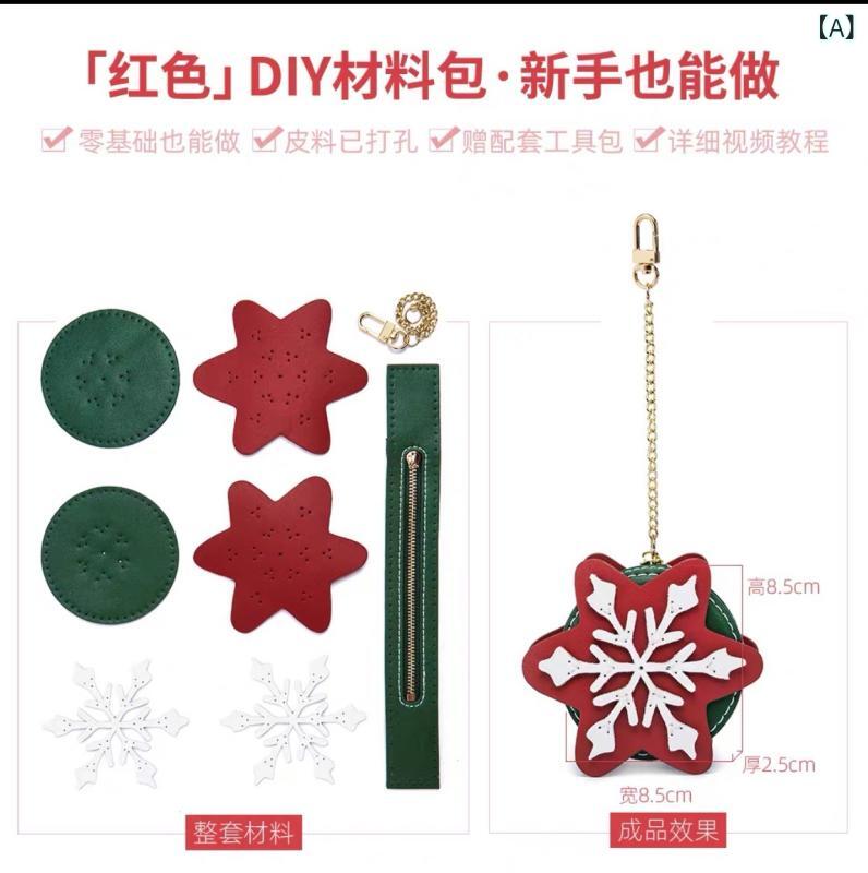ミニ財布 レディース クリスマス ギフト DIY 手作り キット 雪花柄 小銭入れ コインケース 手持ち ラウンド型 かわいい PUレザー 赤 緑 2