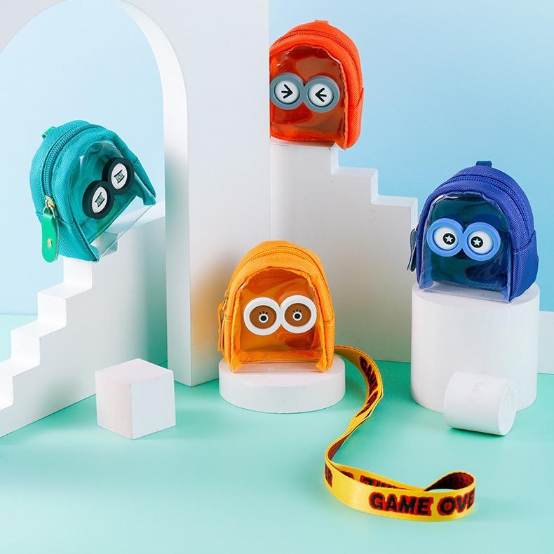 ミニ財布 レディース コインケース オックスフォード布 零れ落ち防止 紛失防止 首掛け ストラップ付き ハッピー柄 オリーブグリーン系 メープルレッド系 ネイビーブルー系 シャンパンイエロー系