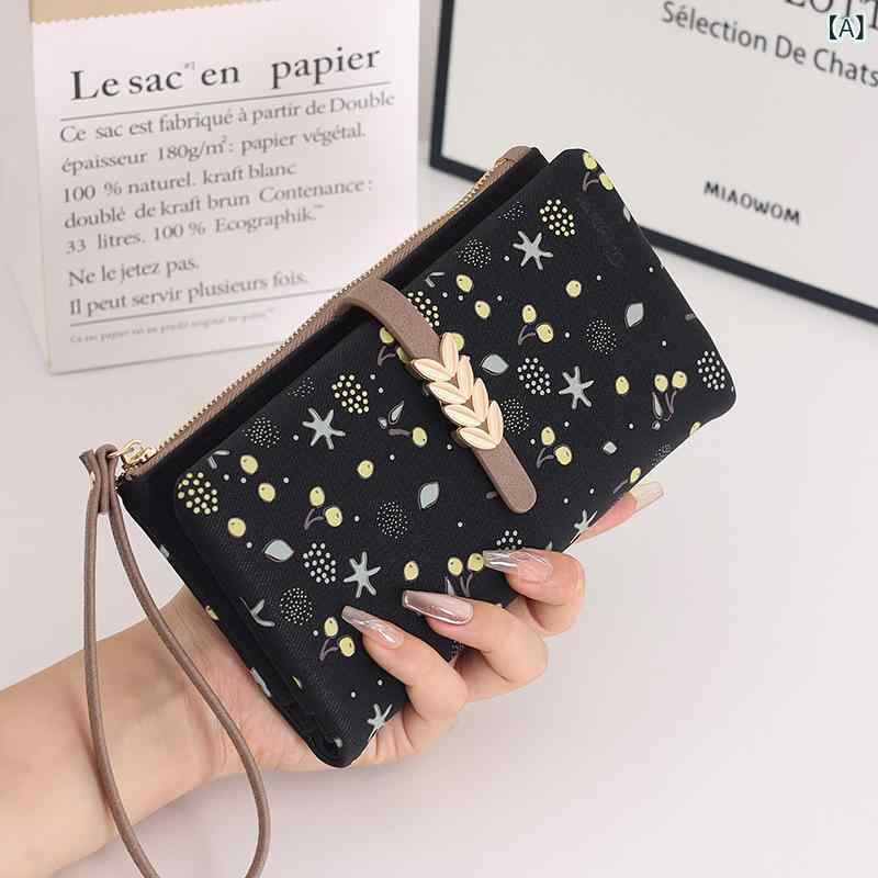 財布 レディース 女性用 長財布 韓国風 PU 花柄 プリント ファスナー付き 多機能 カード入れ 大容量 二つ折り ストラップ付き ハンドバッグ ブラック ピンク系 2