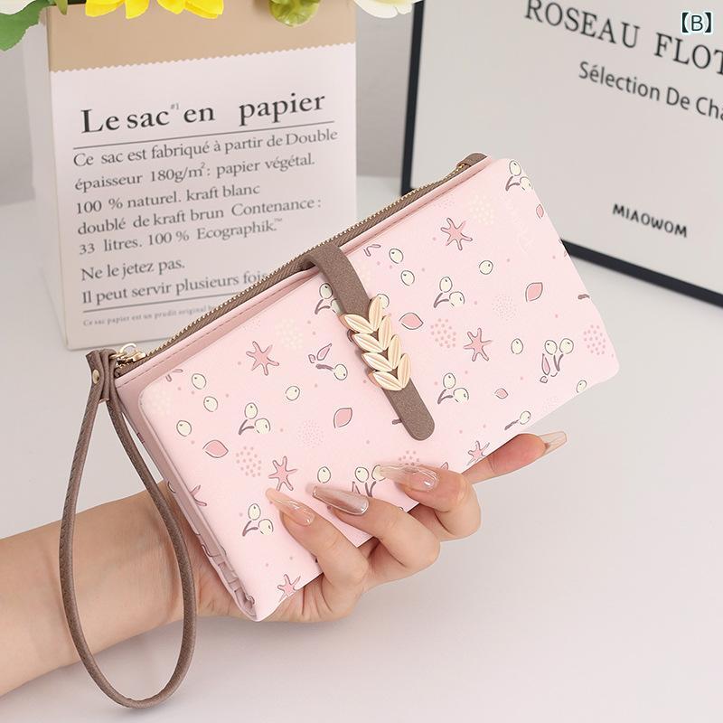 財布 レディース 女性用 長財布 韓国風 PU 花柄 プリント ファスナー付き 多機能 カード入れ 大容量 二つ折り ストラップ付き ハンドバッグ ブラック ピンク系 3