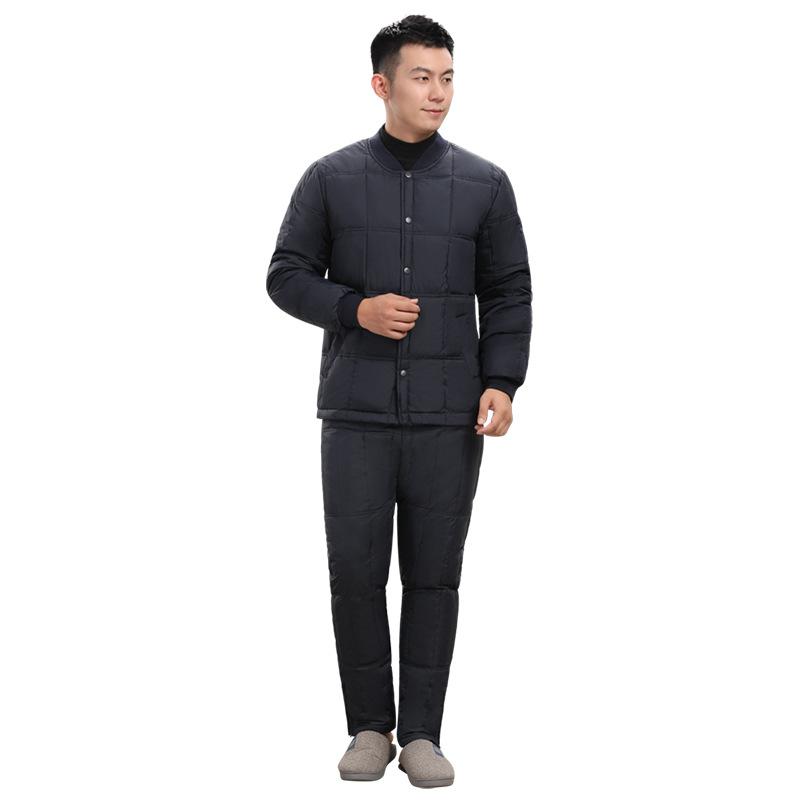 ダウンジャケット 男性用 発熱 防寒 保温 充電式 電熱ウェア 上下セット パンツ ズボン 調整可能 温度調整 白ダックダウン 軽量