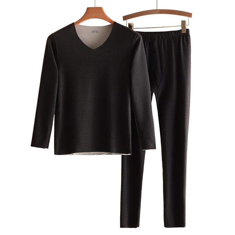 メンズ 秋冬用 保温インナー 上下セット 発熱 暖かい 防寒 肌着 長袖 Vネック 厚手 ポリエステル 無地 ..