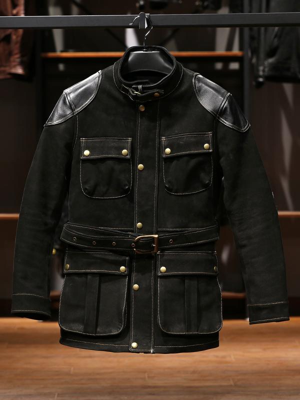 皮衣 メンズ 男性用 シープスキン レザージャケット 立襟 マルチポケット ウエストベルト付き ハンティングジャケット風 春秋 合皮 合体型 黒 ブラック 普段使い