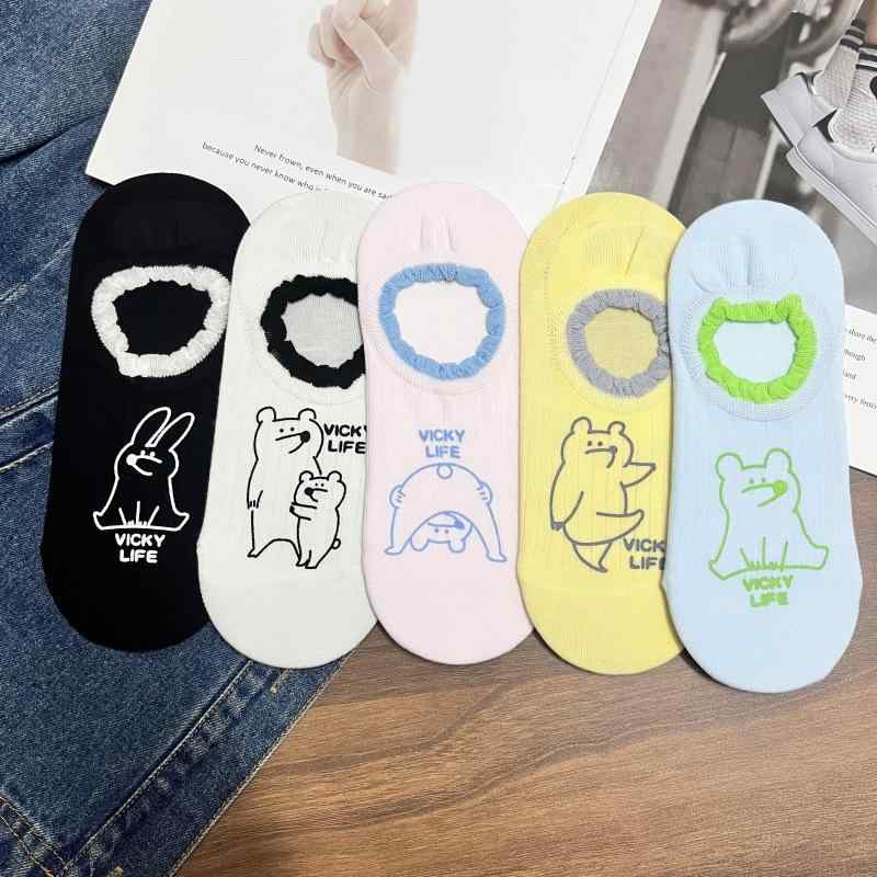 靴下 レディース 韓国風 イラスト シルクスクリーンプリント クマ柄 通気性 脱げにくい スニーカーソックス インナーソックス カジュアル ブラック ホワイト イエロー ピンク系 ブルー系