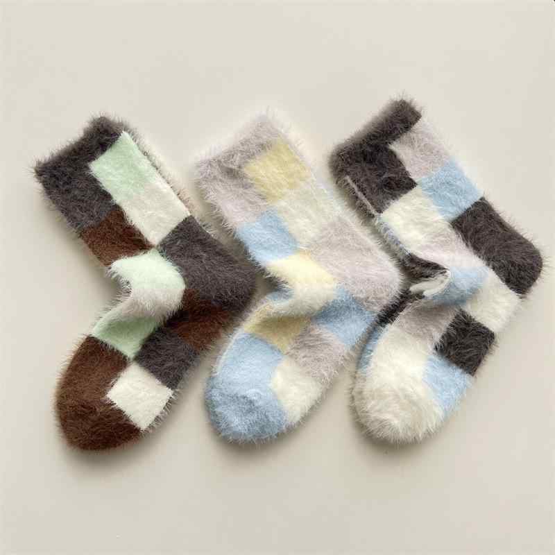 靴下 レディース 秋冬 配色 格子柄 厚手 暖かい 快適 睡眠 カジュアル(4.0)