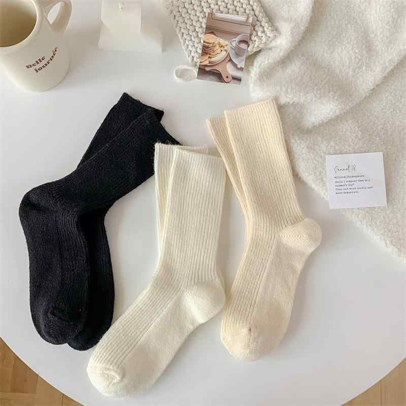 靴下 レディース 秋冬 厚手 あったか 細リブ クリームカラー 無地 ミドル丈 ソックス ウール 混紡 カジュアル