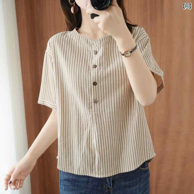 2025 新しい 綿 半袖 Tシャツ 女性の 縦 ストライプ 模造 綿と リネン トップ 夏 ルーズスリム 半袖 シャツ