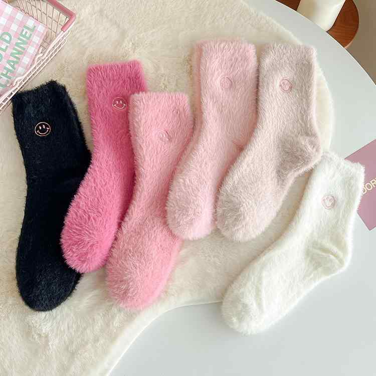 靴下 レディース ガーリー かわいい パステルカラー ミンク風 暖かい 厚手 ふわふわ もこもこ クルー丈 ソックス 秋冬 吸汗性 ポリエステル ピンク系(4.0)