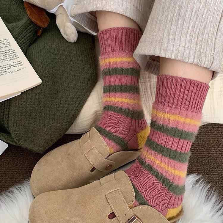靴下 レディース 韓国風 配色 切り替え ボーダー柄 厚手 ウール混 ミドル丈 吸汗 婦人 ソックス 冬 紫 ブラウン カーキ