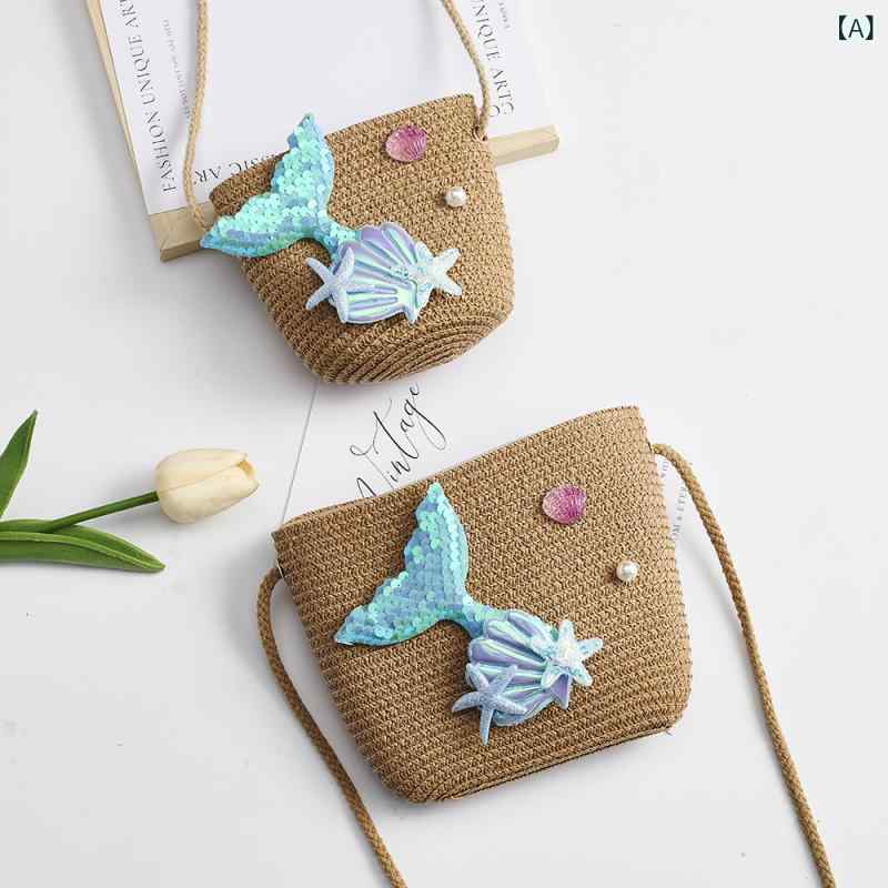 ポシェット キッズ 女の子 美人魚 草編み 斜めがけ 零れ落ち防止 ミニ かわいい カバン ベージュ ピンク系 グリーン系 春夏 2