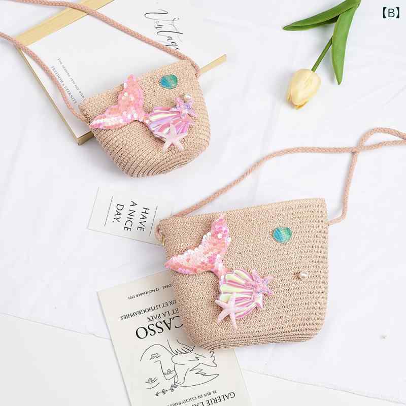 ポシェット キッズ 女の子 美人魚 草編み 斜めがけ 零れ落ち防止 ミニ かわいい カバン ベージュ ピンク系 グリーン系 春夏 3