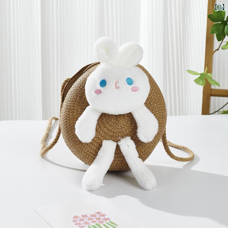 子供用 ショルダーバッグ カートゥーン ウサギ ポシェット 草編み ミニバッグ 女の子 かわいい 斜めがけ 旅行 お出かけ ベージュ ピンク ホワイト 白 ラベンダー グリーン 超軽量 通気性