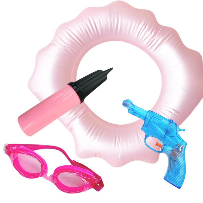 キッズ浮き輪 子供用ウキワセット 内周約80cm 貝殻シェルデザイン【付属品 水鉄砲 浮き輪専用空気入れエアーポンプ 水中ゴーグル】2025夏 猛暑対策 こども水遊びセット