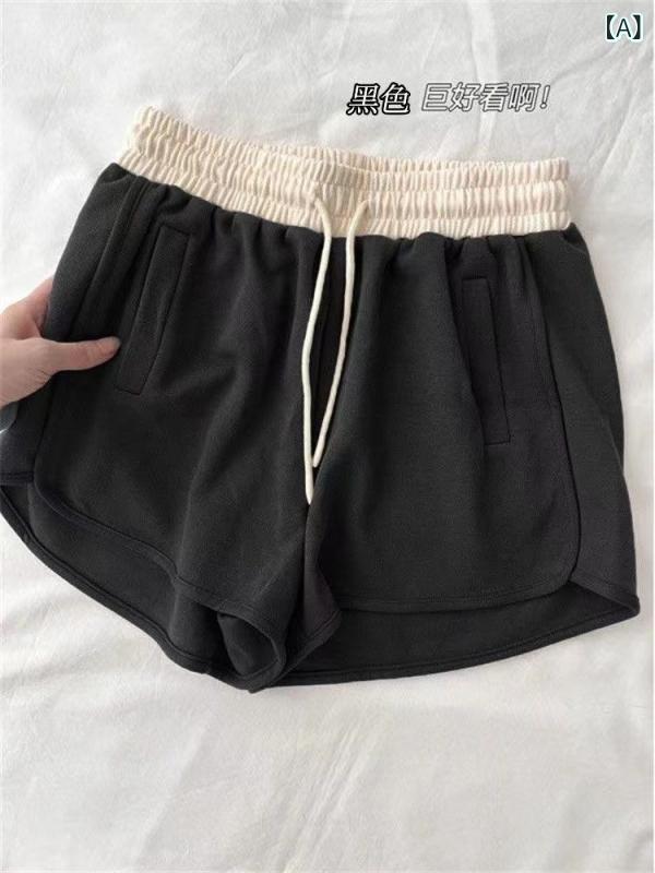 ショートパンツ レディース ハイウエスト 着痩せ 配色 切り替え 運動パンツ ヨガパンツ ルームウェア ホットパンツ ポリエステル 綿 混紡 伸縮性 薄手 黒 紺色 グレー