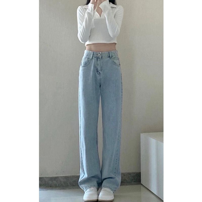 Cropped Pants - 女性用 デニムパンツ ワイドレッグ ストレート ロング 薄手 コットン 素材 夏 春夏 シーズン ブルー 色 ゆったり シルエット 垂れ感 百搭 コーデ 日常使い 快適 軽量 デニム 生地 直筒 型 韓国風 スタイル カジュアル 日韓 ファッション ゆっ
