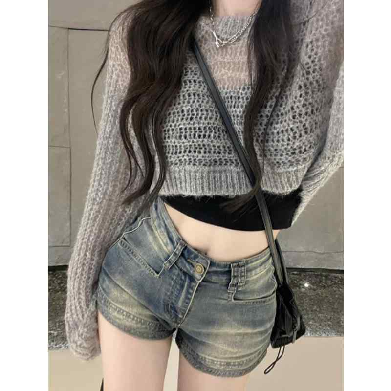 レディース デニム ショートパンツ 夏用 薄手 高腰 スリム ストレート ワイドレッグ Aライン ホットパンツ 小柄対応 復古 ブルー 通勤風 気質 スタイル 微弾性 中厚 コットン ポリエステル ボタン 免烫処理 甘美 清新 欧米向け 東南アジア向け