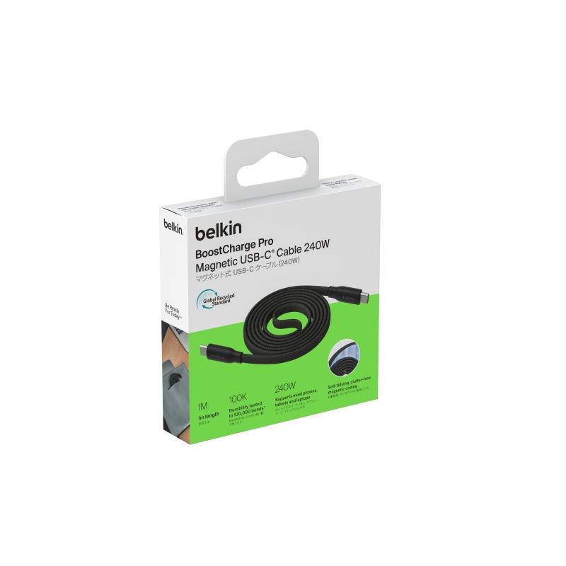 Belkin USB-C to USB-C 平型ケーブル 240W 2.0 マグネット式ケーブル 急速充電PD対応 高耐久 1M ブラック CAB027qc1MBK【急速充電対応】USB-C to USB-C 240W（5A/48V PD急...