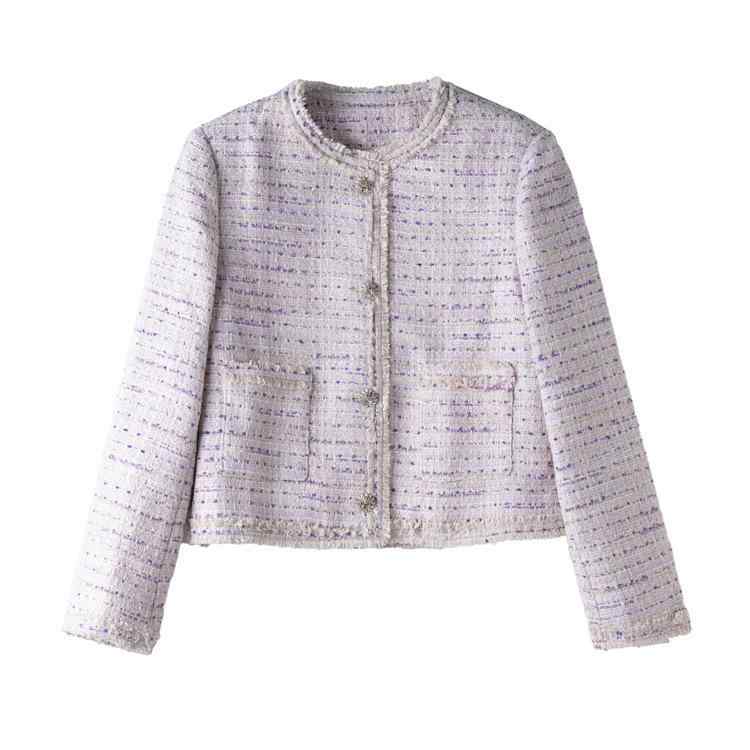 Other Jackets Jumpers - レディース コート 紫 粗花ね素材 小香風デザイン 気質 通勤風 長袖 丸首 普通丈 ポリエステル 成人女性 秋季 オフィスカジュアル ビジネススタイル フェミニン 暖かみ 軽量 膝丈 コートスタイル