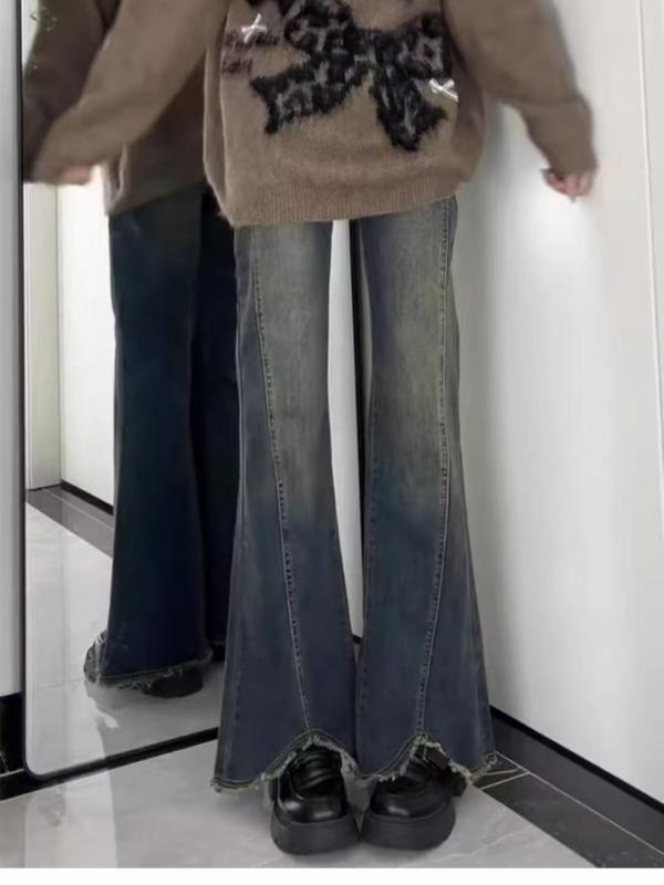 レディース デニムパンツ 微喇 牛仔 春夏 高腰 ストレッチ ロングパンツ ヴィンテージ風 フリンジ 快適 軽量 コットン ポリエステル ミ..