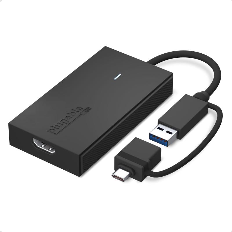 Plugable USB Type-C グラフィック変換アダプター、USB-C HDMI 用 Mac Windows 対応、最大解像度 1080p@60Hz の外部HDMIモニターを接続可能ディスプレイ領域を拡張 - この UGA-HDMI-S ディスプレイ変換アダプターを使用すると、PC に最大解像度1920x1080 @ 60Hz までの外部 HDMI モニターを 1 台接続できます。USB 3.0 または USB-C ポート - どちらのポートにも接続できるハイブリッド・ケーブルにより、USB4/Thunderbolt 4/Thunderbolt3/USB-C/USB3.0 ポートのいずれにも接続できます。追加アダプターは不要です。Windows と macOS をサポート - この UGA-HDMI-S アダプターは、Windows 11、10、8.x、macOS 10.15 以上で使用できます。複数アダプターを組み合わせて Windows であれば最大 8 台程度、Mac は最大 3 台までの外部モニター追加が可能です。このアダプターは Silicon Motion チップセットを採用しており、デバイス・ドライバの導入が必要です。適したアプリケーションのタイプ - MS Office、Google Workspace などの、ビジネス用アプリケーションまたはウェブアプリケーションに向いています。表示負荷の高いゲームや動画編集など、グラフィックを多用するアプリケーションでの使用はお勧めしていません。HDCP には非対応のため、Blu-ray や Netflix など HDCP 保護されたコンテンツを表示することはできません。2 年の品質 - Plugable は 2 年間の品質およびメールでのサポートをご提供いたします。この製品について何かご質問がございましたら、Plugable Japan サポートまでお気軽にご連絡ください。