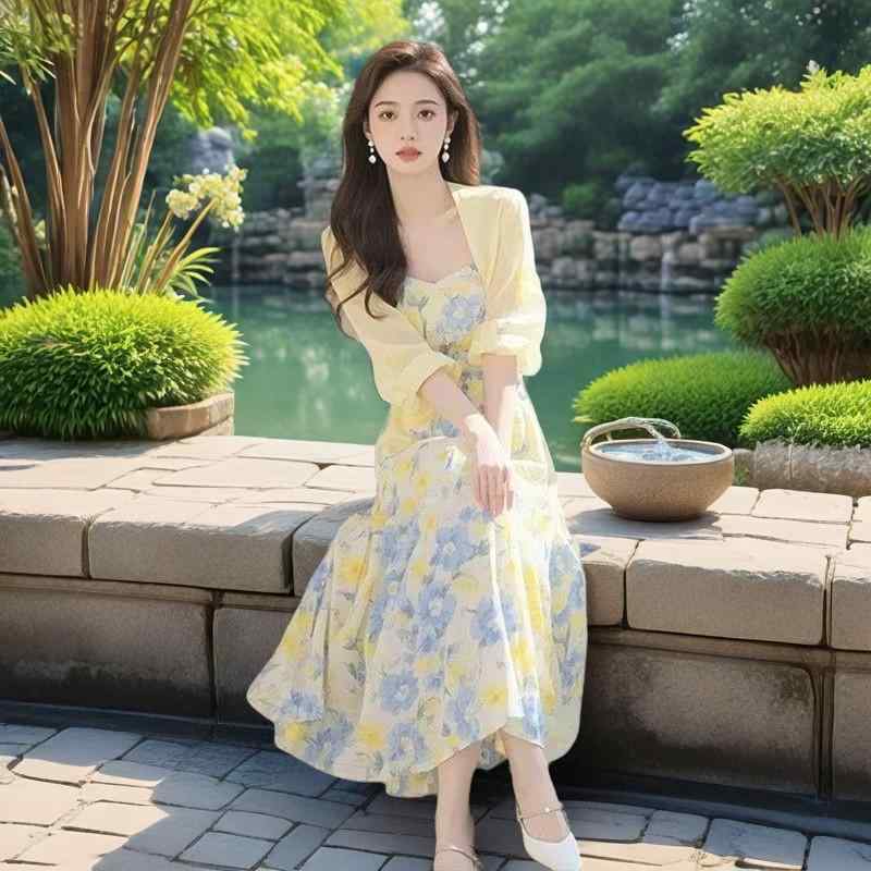 乐天商城 - ワンピース 女性用 夏 吊り帯 開衫 長袖 A字 長丈 斜め肩 雪紡 ポリエステル 花柄 切り替え 街頭 かわいい 爽やか 軽量 スリム フィット ミディ 膝下 ドロップショルダー フレア ボヘミアン フェミニン トレンド