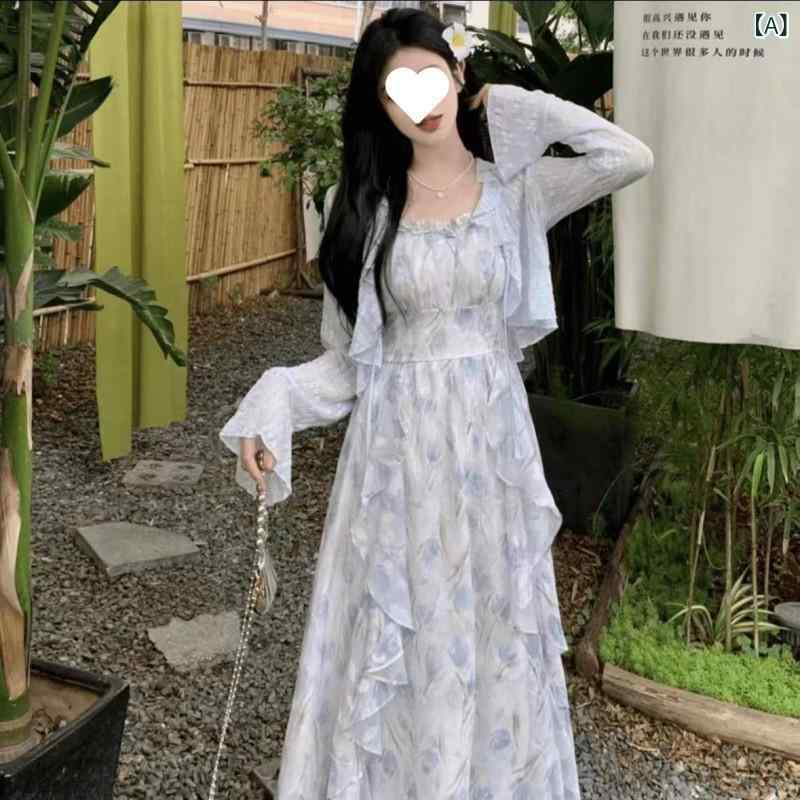 ワンピース レディース 吊り帯 Aライン 中長丈 長袖 フレアスリーブ フリル レース 花柄 ブルー ピンク ショール セット ポリエステル ..