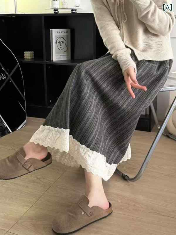 Rakuten - 半身スカート レディース 冬 秋冬 復古 縦ストライプ レース 花辺 切り替え ロング丈 法式 高腰 A字 毛呢 格子柄 ポリエステル ポリエステル繊維 複合加工 ミディアム丈 撞色 グレー 微弾性 日韓カジュアル 韓国風 ハーフスカート