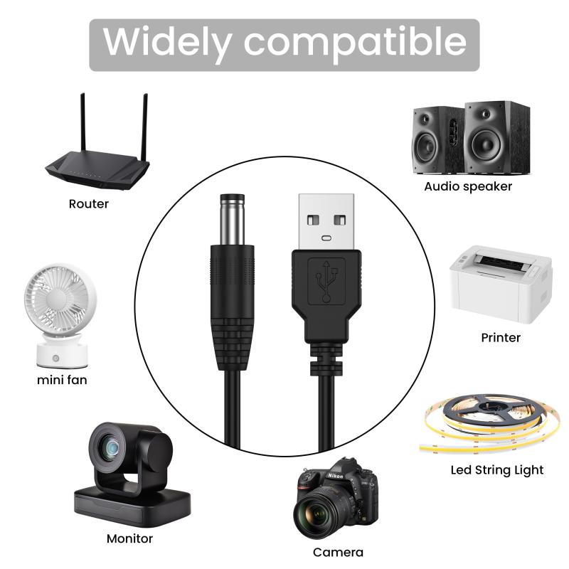 【3枚】USB 5V DC電源供給ケーブル 1.5m オス アダプタケーブル DC延長コード 電源ケーブル 5.5mm * 2.1mm (外径5.5mm 内径2.1mm)